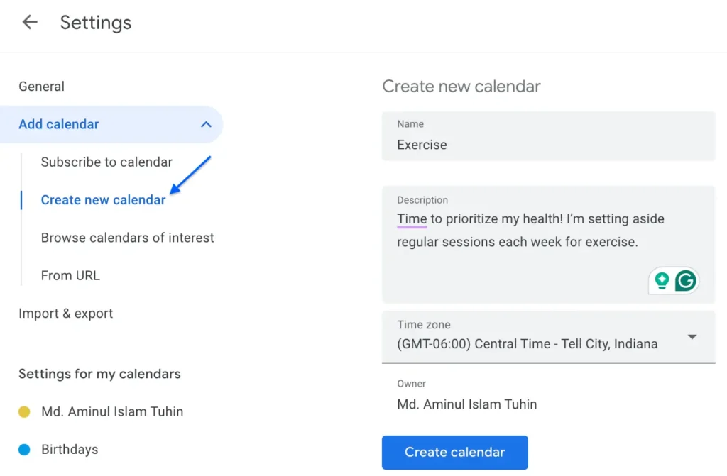 google calendar tips - create new calendar 